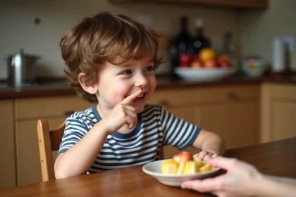 Garçon de six ans souriant touchant ses dents avec une main