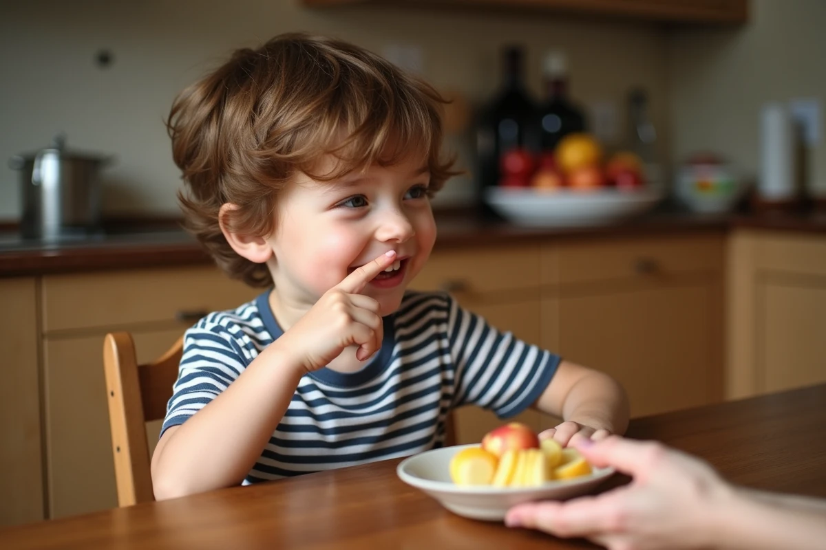Garçon de six ans souriant touchant ses dents avec une main