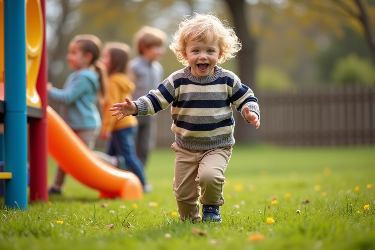 Garçon de deux ans courant dans une cour de maternelle colorée
