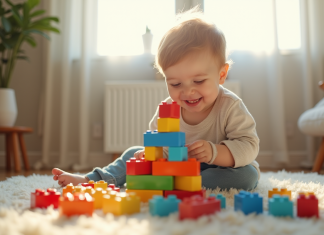 Les meilleurs jeux pour garçons de 3 ans : notre sélection Garçon de 3 ans jouant avec des blocs colorés dans le salon