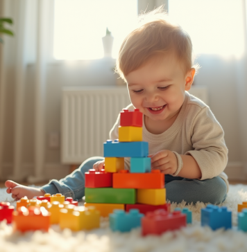 Garçon de 3 ans jouant avec des blocs colorés dans le salon