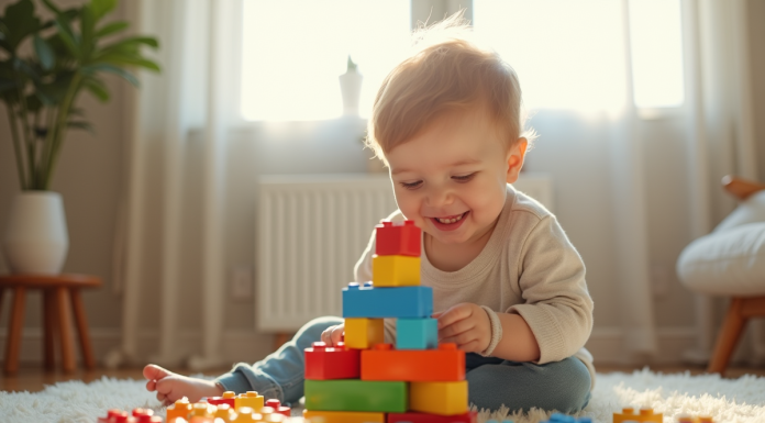 Garçon de 3 ans jouant avec des blocs colorés dans le salon