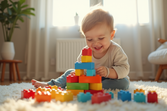 garcon-jouant-avec-blocs Garçon de 3 ans jouant avec des blocs colorés dans le salon