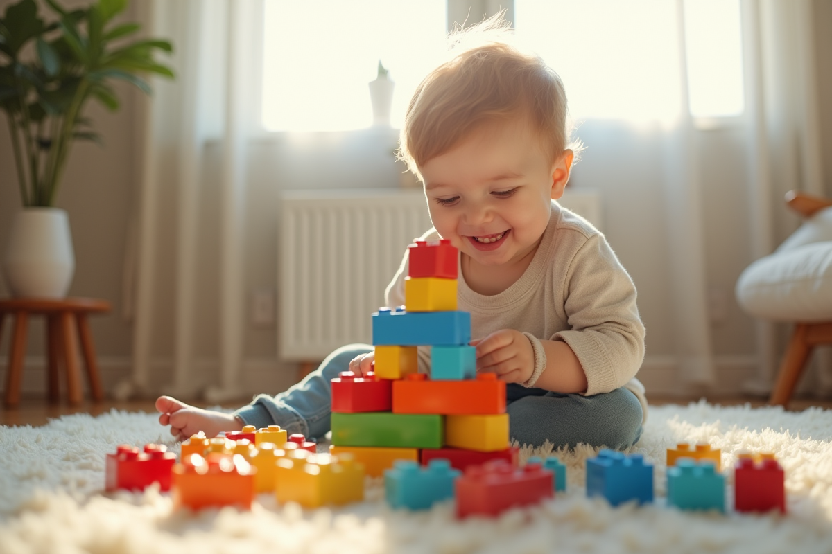 Garçon de 3 ans jouant avec des blocs colorés dans le salon