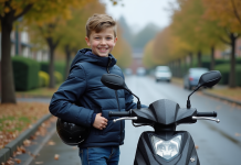Garçon de 14 ans souriant avec moto moderne