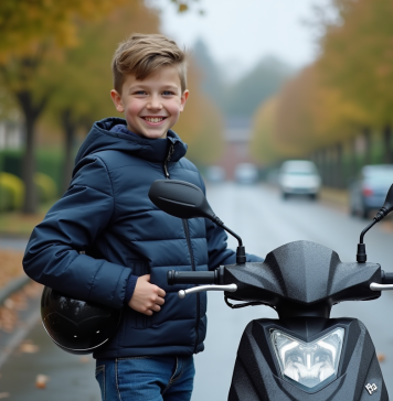 Garçon de 14 ans souriant avec moto moderne