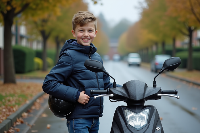 Garçon de 14 ans souriant avec moto moderne