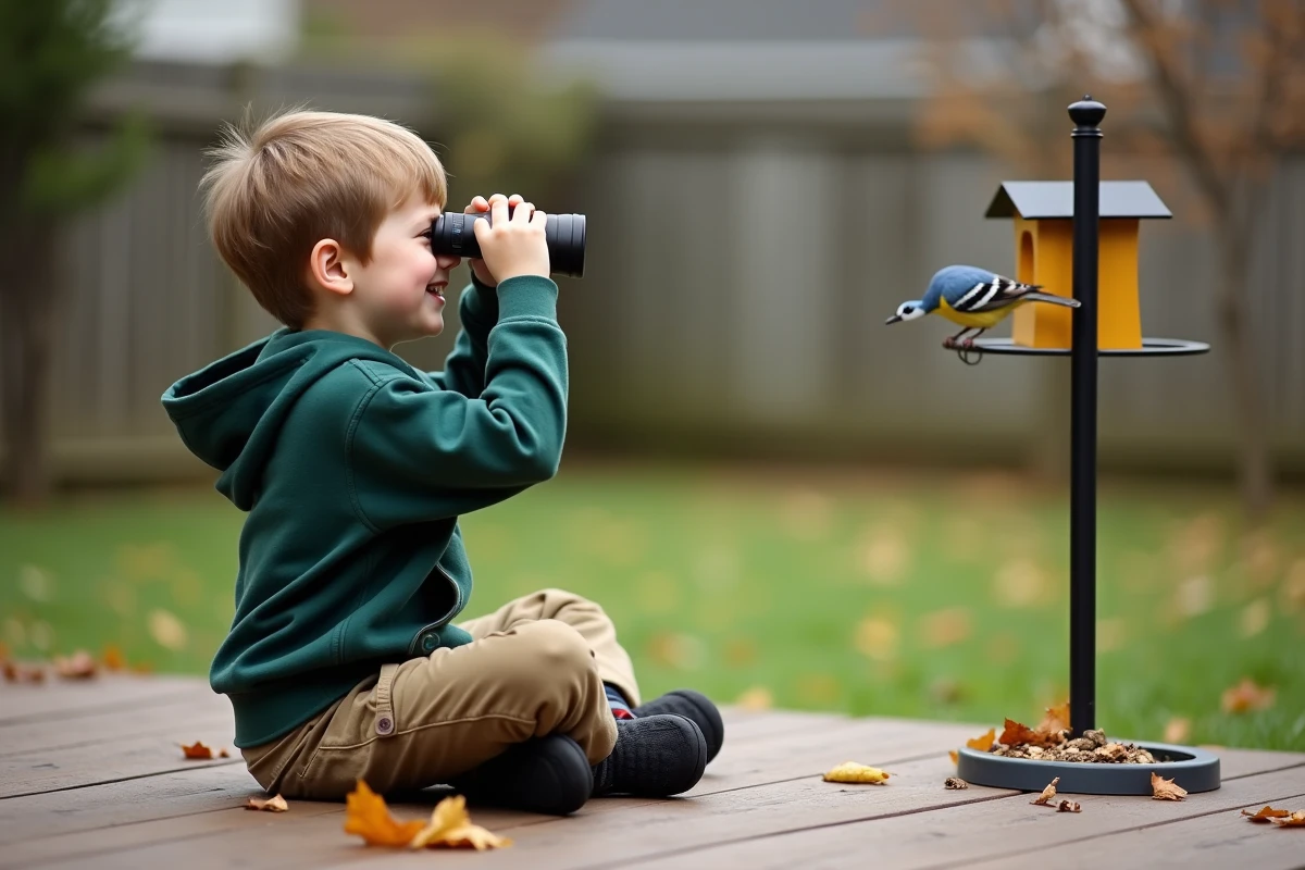 Garçon de 9 ans avec jumelles observant les oiseaux