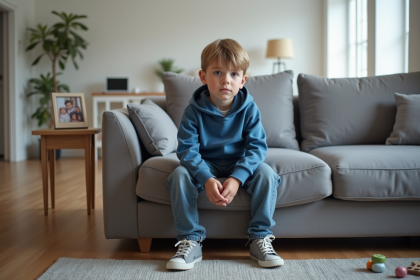 Jeune garçon assis sur un canapé moderne en réfléchissant