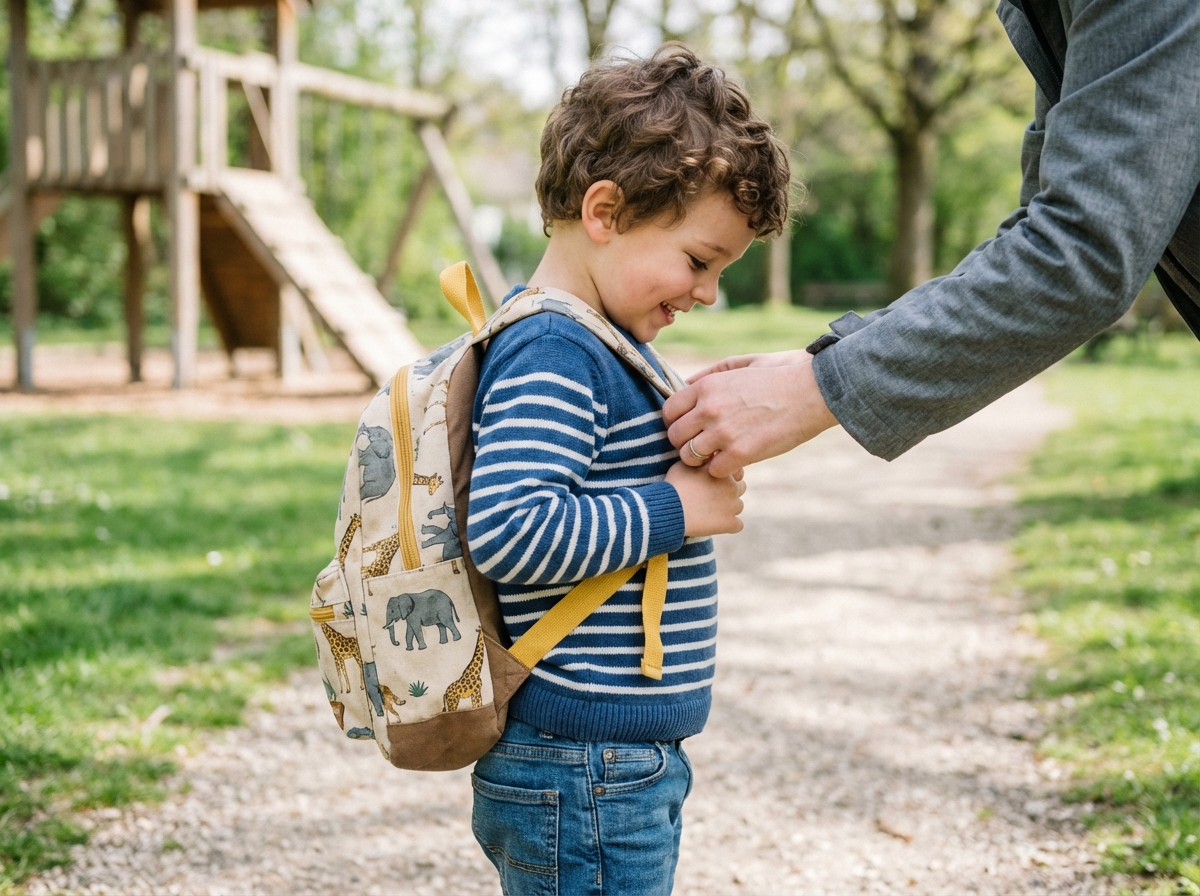 Garçon avec sac à dos animal en plein air