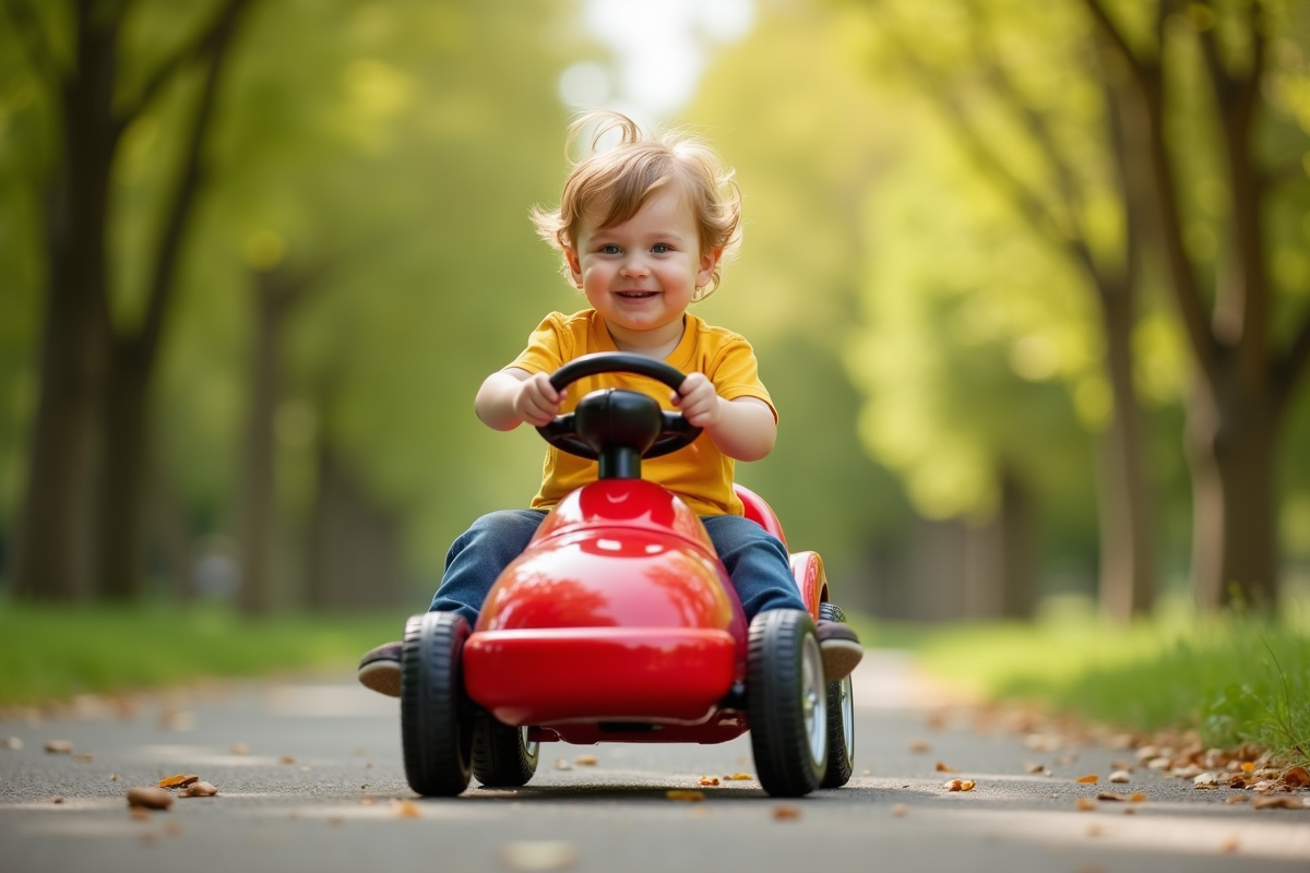 Garçon de 3 ans roulant en voiture rouge en plein air