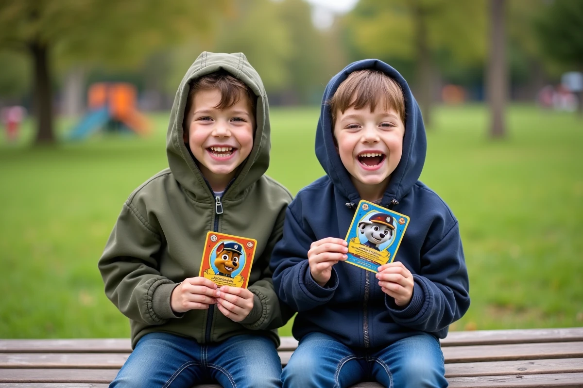 Deux garçons échangeant des cartes Paw Patrol dans un parc