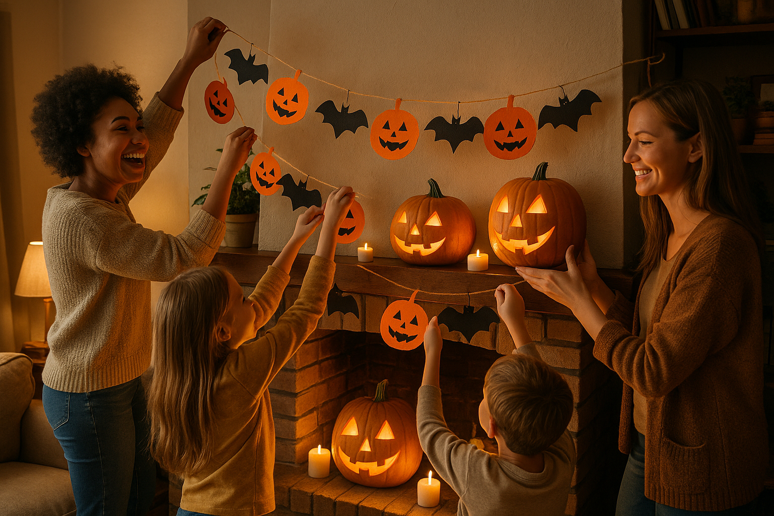 Enfants et adultes accrochant guirlandes Halloween dans le salon