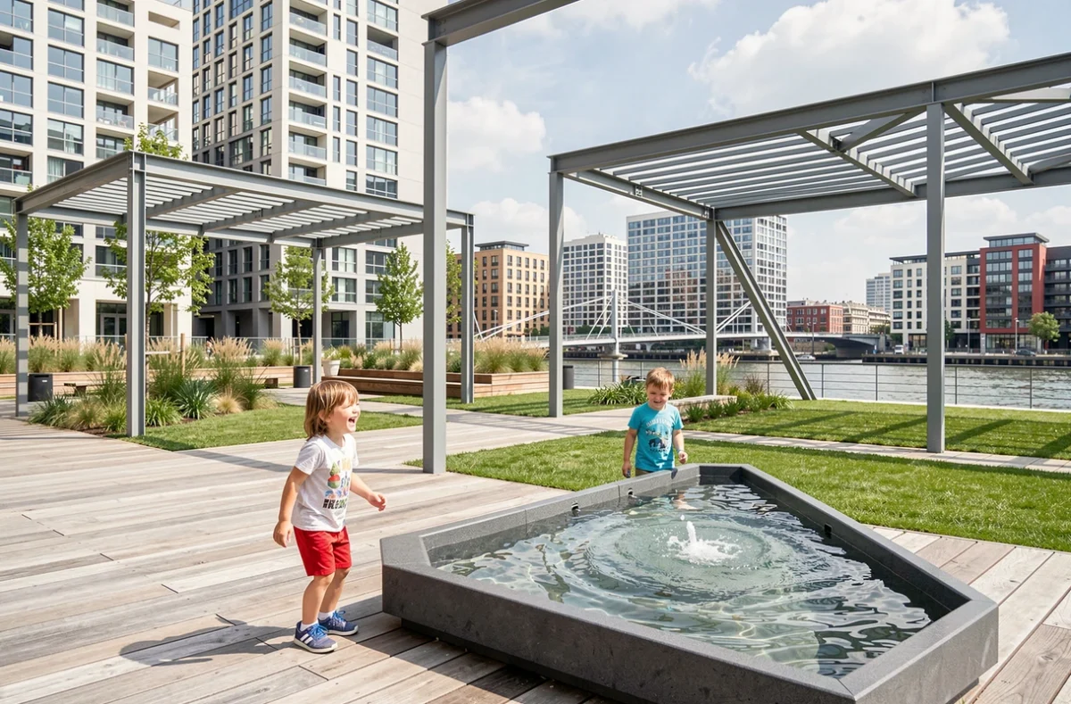 Deux enfants jouant près d'un dispositif aquatique interactif au Grand Parc des Docks à Saint-Ouen avec le bord de Seine et l'architecture moderne en arrière-plan