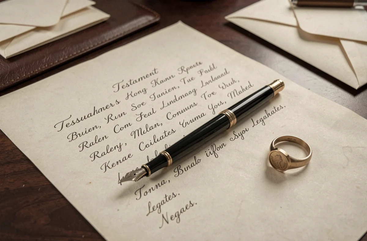 Gros plan d'un testament olographe manuscrit en cursive avec plusieurs noms de légataires et un stylo plume posé sur le document