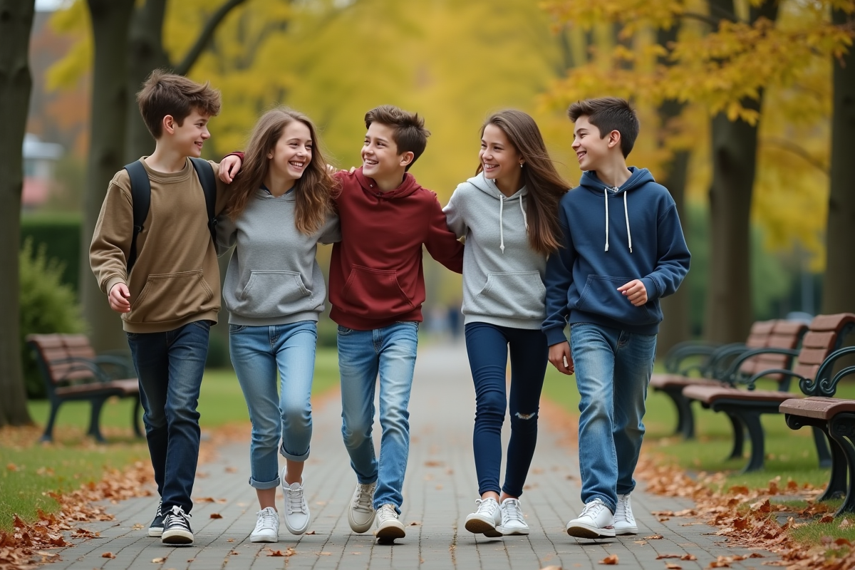Groupe de quatre adolescents marchant dans un parc