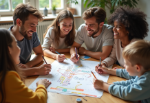 Groupe d'amis riant autour d'un jeu de société moderne