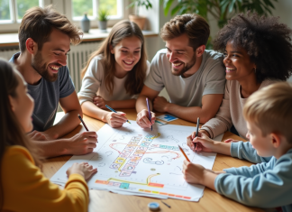 Groupe d'amis riant autour d'un jeu de société moderne
