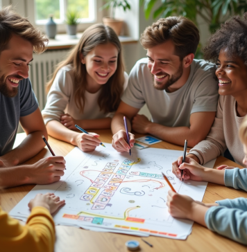 Groupe d'amis riant autour d'un jeu de société moderne