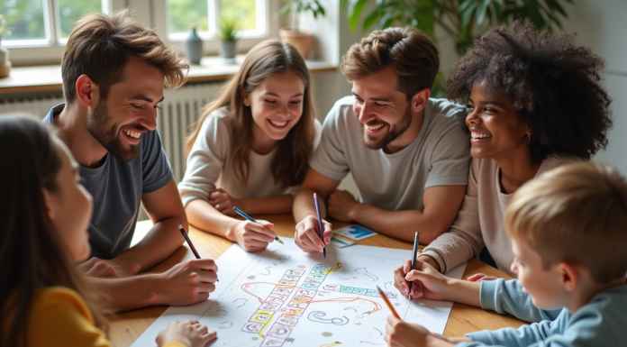 Groupe d'amis riant autour d'un jeu de société moderne