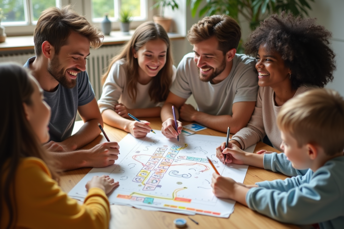 Groupe d'amis riant autour d'un jeu de société moderne