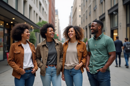 Groupe d'amis divers souriant en ville