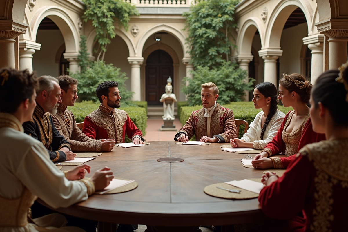 Groupe de personnes en costumes royaux dans un cour intérieur