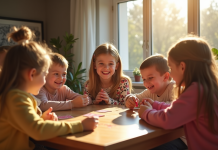 Enfants jouant à un jeu de cartes dans un salon ensoleille