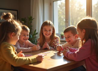 Comment initier les enfants aux règles du Président ? Enfants jouant à un jeu de cartes dans un salon ensoleille