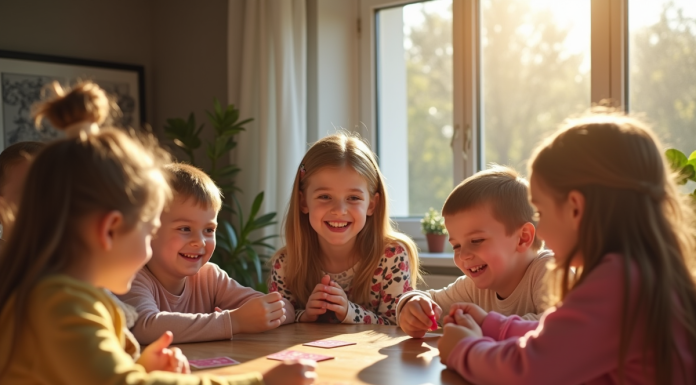 Enfants jouant à un jeu de cartes dans un salon ensoleille