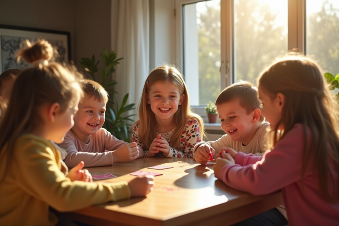 Enfants jouant à un jeu de cartes dans un salon ensoleille