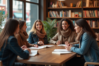 Femmes discutant dans un café librairie automne