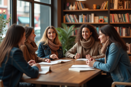 Femmes discutant dans un café librairie automne