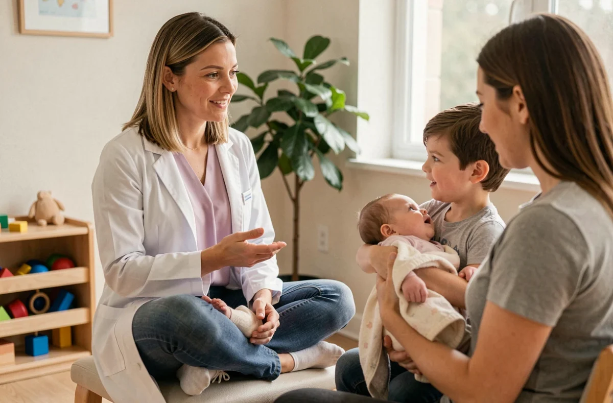 La pédiatre Hélène Colas en discussion avec un parent et son bébé dans son cabinet en Loire-Atlantique