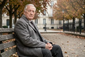 Homme âgé assis seul sur un banc dans un parc français en automne, regard pensif et posture digne évoquant la discrétion et la solitude