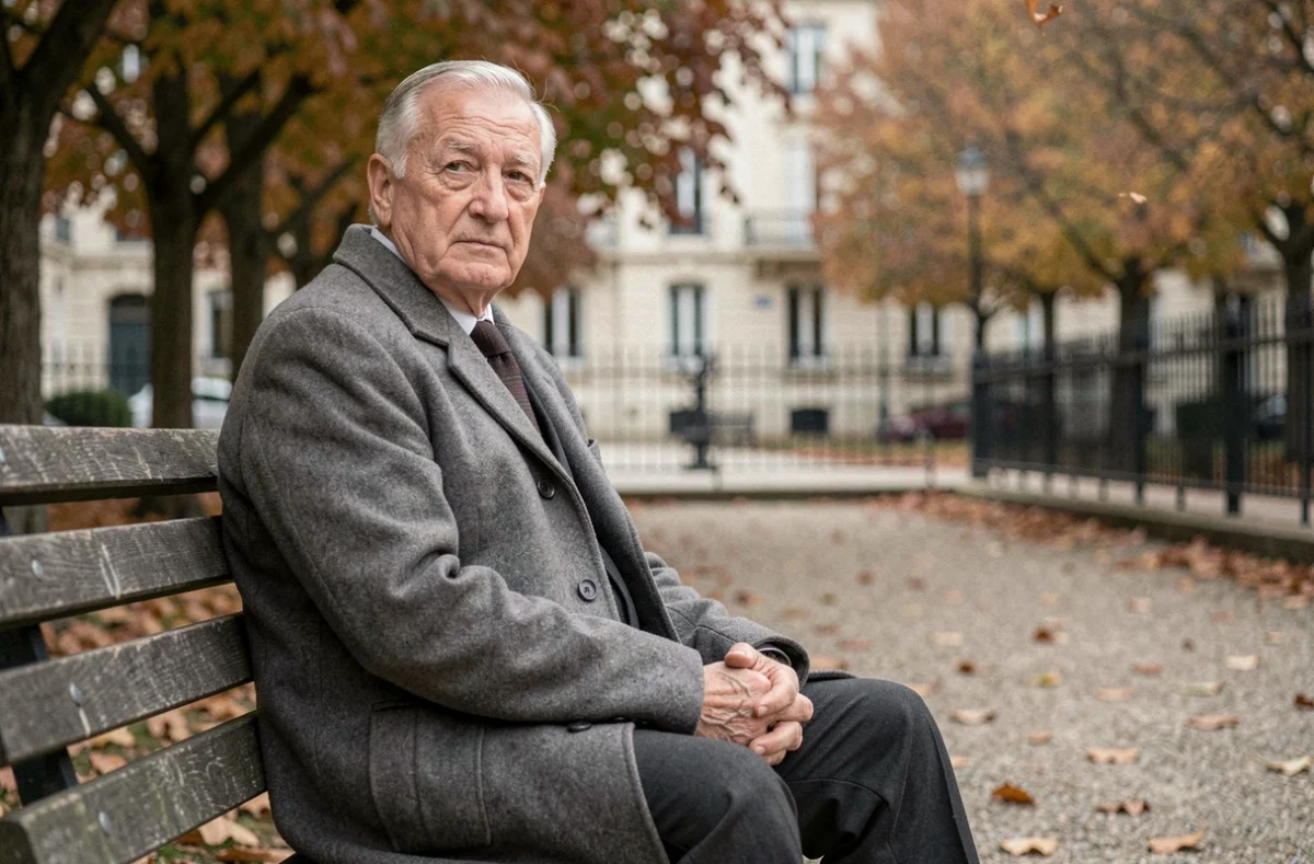 Homme âgé assis seul sur un banc dans un parc français en automne, regard pensif et posture digne évoquant la discrétion et la solitude