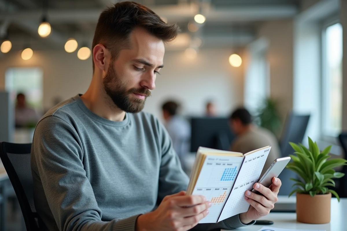 Homme vérifiant son agenda avec semaines paires et impaires annotées en couleur dans un bureau open space