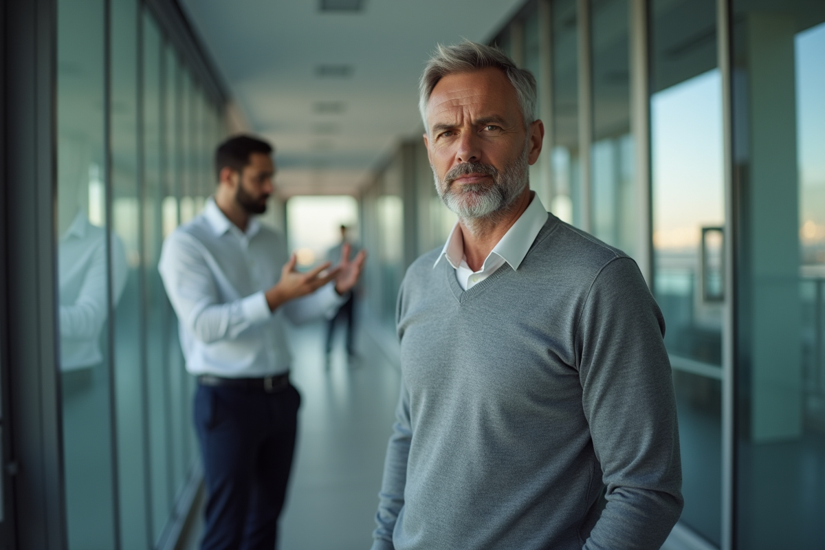 Homme en réunion dans un couloir de bureau moderne