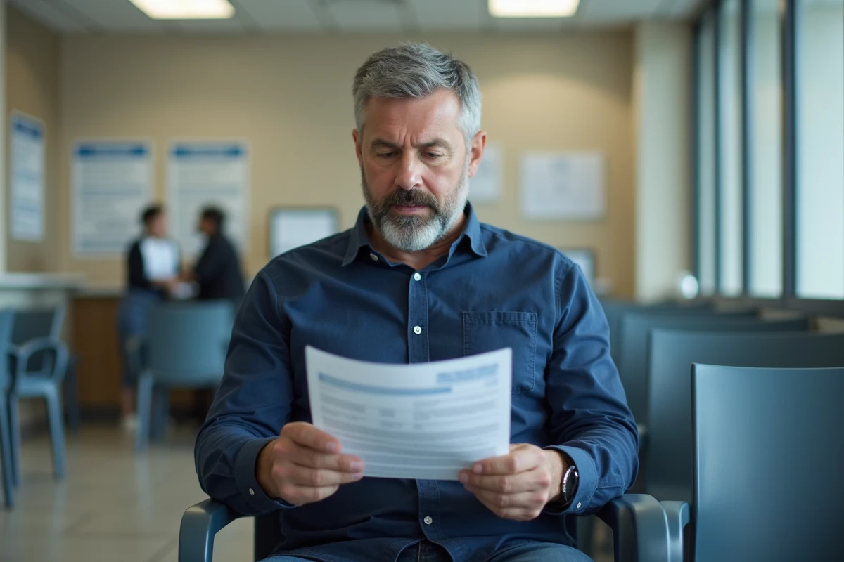 Homme consultant ses documents CAF dans une salle d'attente d'organisme administratif