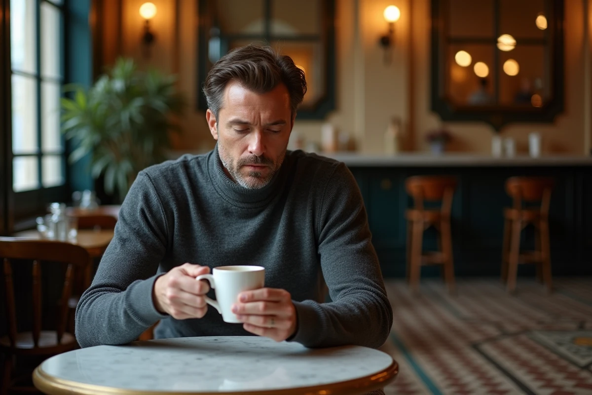 Homme introspectif attablé dans un café parisien tenant un expresso, illustration d'un portrait intimiste et de confidences personnelles