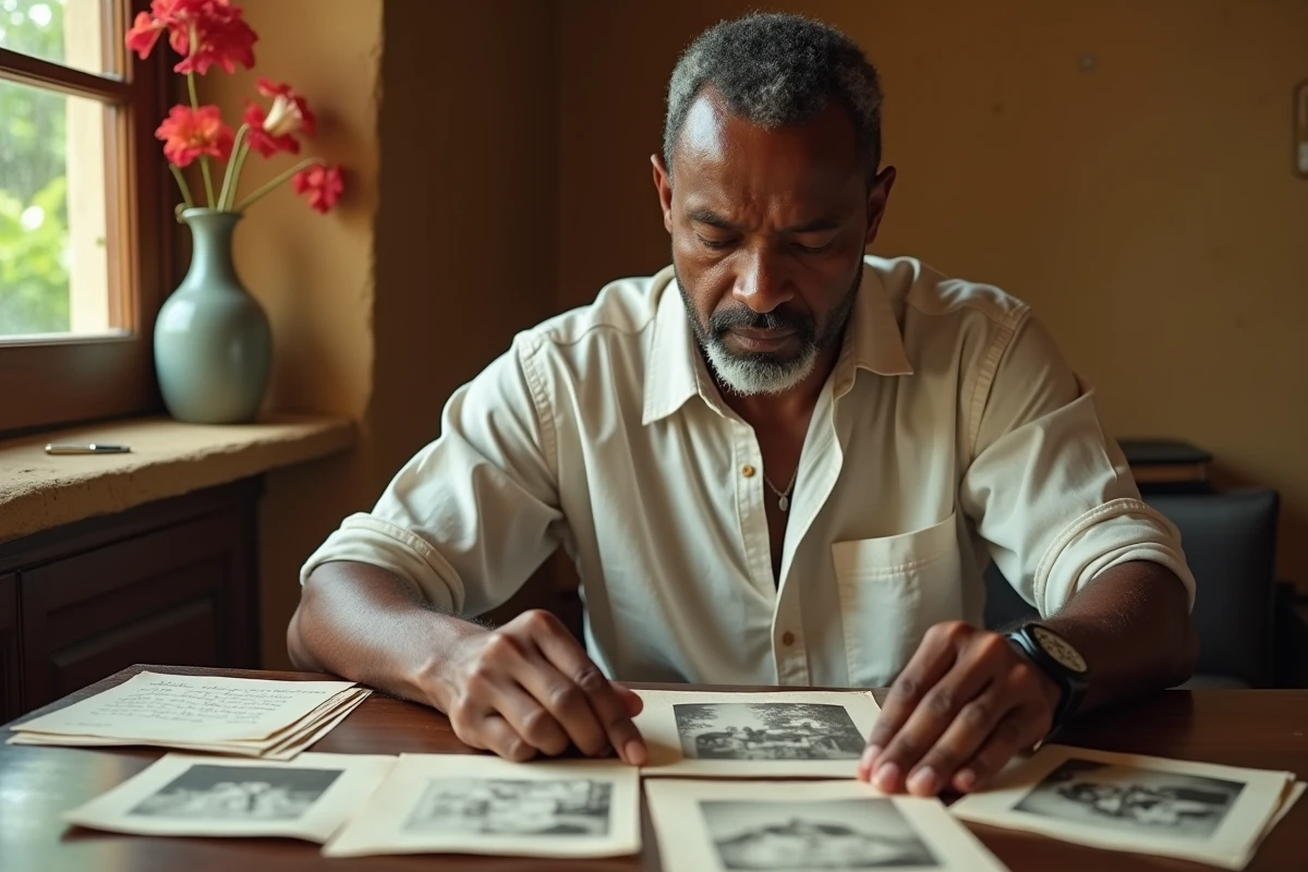 Homme martiniquais consultant des documents généalogiques anciens et des photos de famille dans une pièce créole