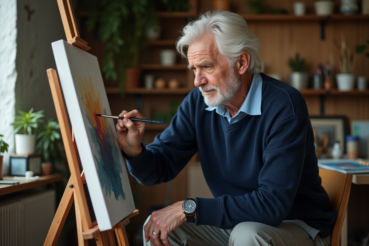 Homme âgé peignant dans un atelier chaleureux