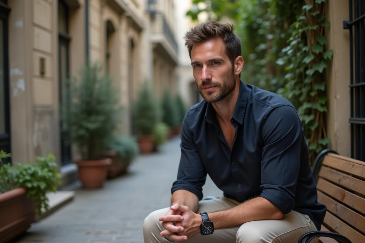Portrait d'un homme pensif assis dans une cour parisienne pavée, illustrant les confidences d'un chanteur sur sa vie personnelle