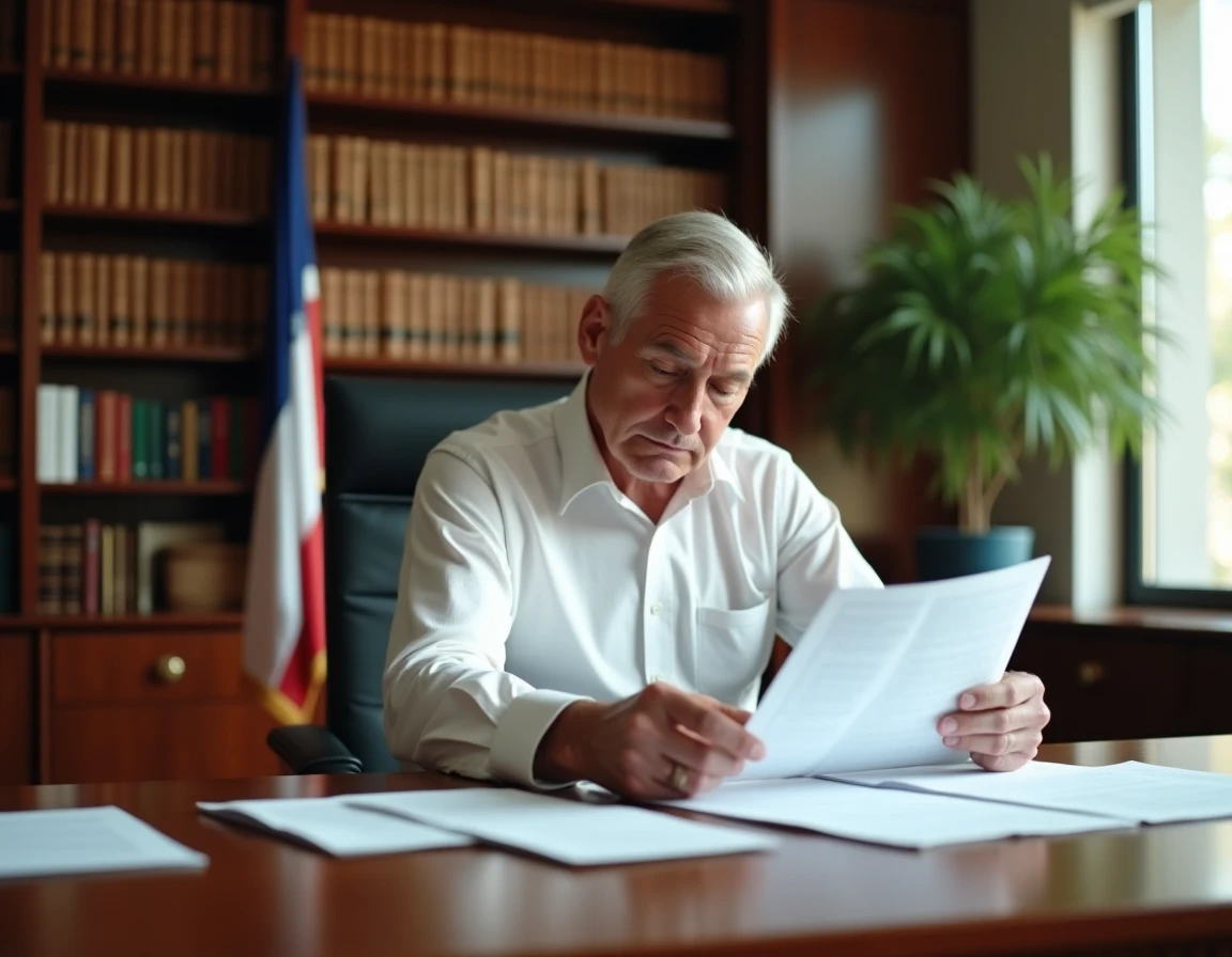 Homme politique travaillant dans son bureau avec des documents officiels et une bibliothèque en arrière-plan