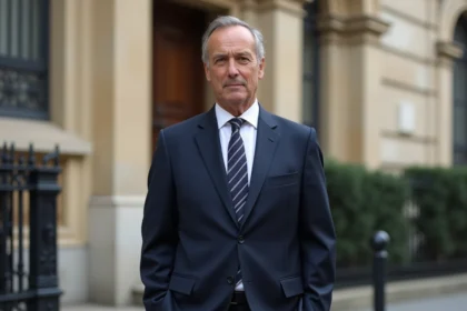 Portrait professionnel d'un homme politique français mature en costume sombre devant un bâtiment officiel