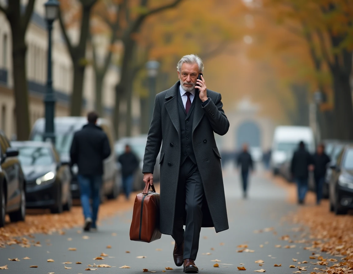 Homme politique marchant dans une rue parisienne avec un manteau sombre et une mallette en cuir