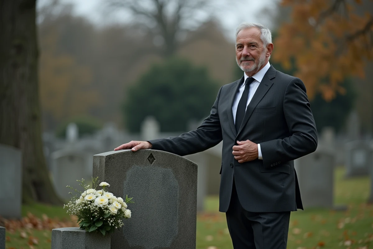 Homme en costume sombre se recueillant devant une pierre tombale fleurie lors d'un enterrement sobre