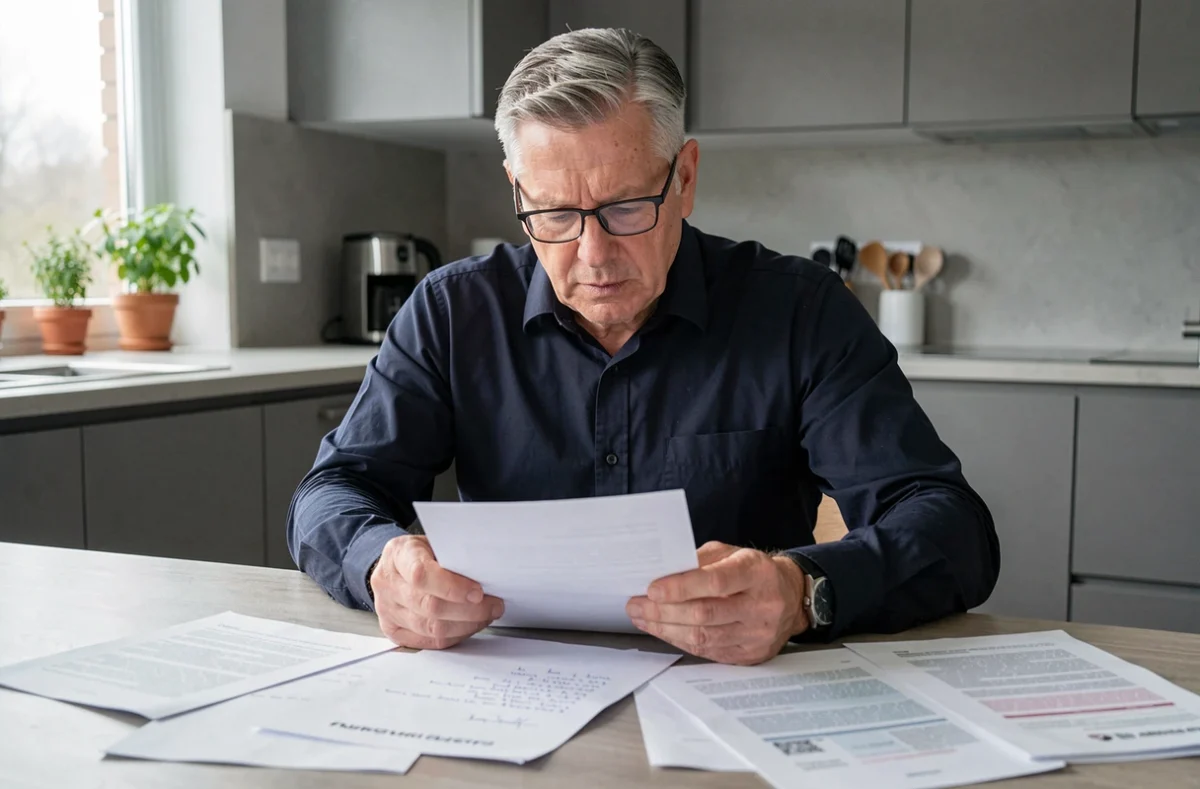 Homme d'âge mûr relisant les pages d'un testament olographe avec plusieurs légataires mentionnés sur une table de cuisine moderne