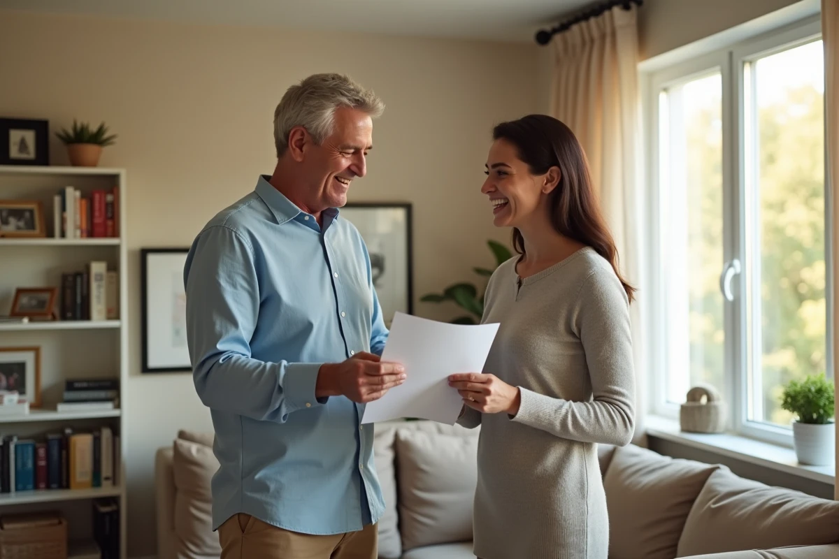 Homme donnant un document à une femme dans un salon lumineux