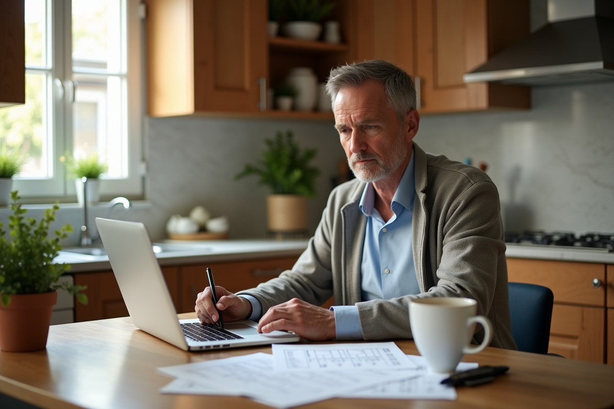 Homme au interieur remplissant formulaires scolaires